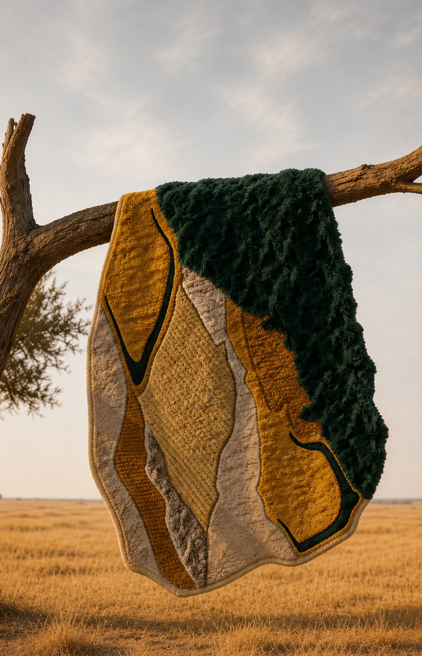 Verdant rug draped over a branch in a golden landscape