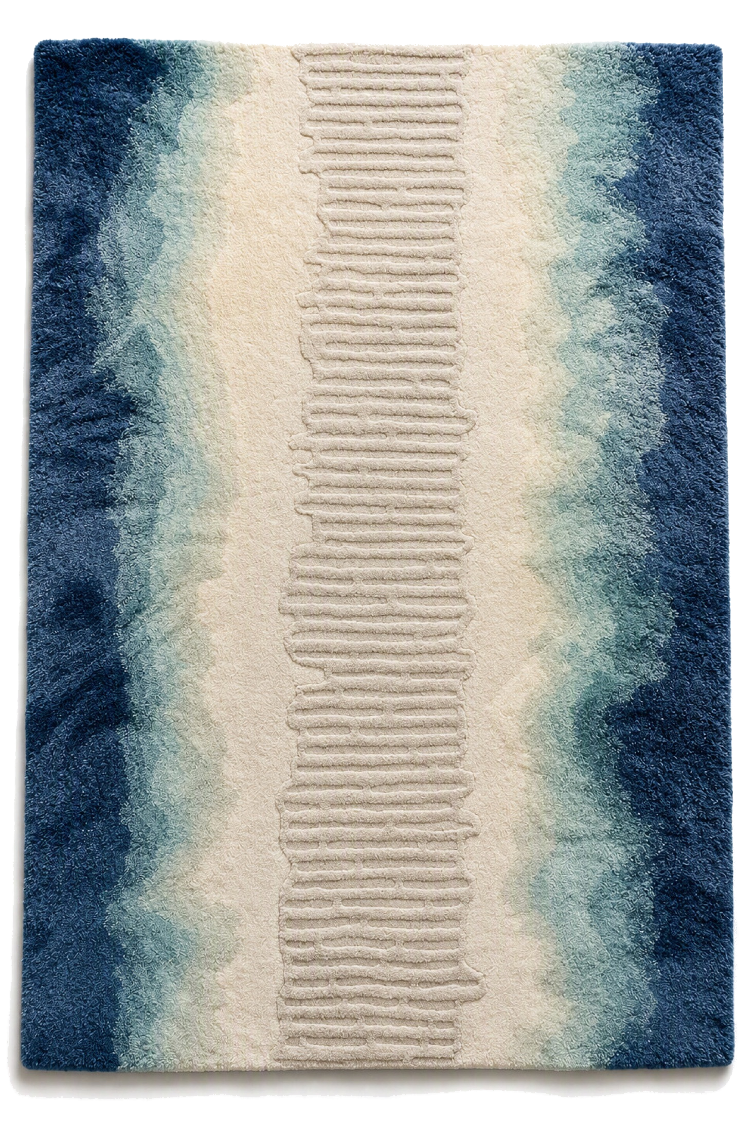 Lagoon rug with a blue gradient and a sculptural central relief