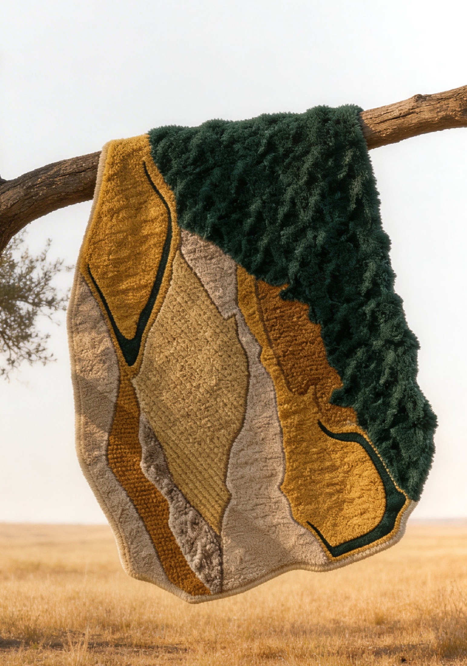 Verdant rug, inspired by a watercolor by Ramiro Relvas, shown in landscape